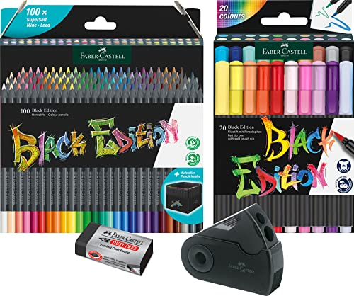 Faber-Castell - Buntstifte Blackwood, 100er Etui, leuchtende Farben mit weichem Abstrich, schwarzes Holz (100er Malset) inkl. Filzstift Black Edition 20er, Spitzdose Sleeve und Radierer Dust-free