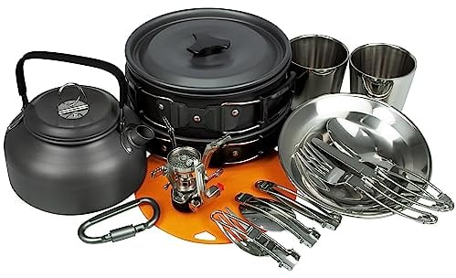 Black Snake® Camping Geschirr 'Himalaya' Kochgeschirr Kombination mit Edelstahl Becher Set, Tellern und Besteck - Big - Schwarz/Silber