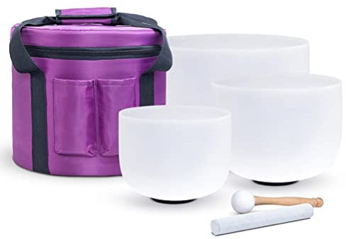 7-11 Inch Set of 3 Frosted Chakra Quartz Crystal Singing Bowl Set, Crystal singing bowl with O-Rings Mallets and Carrying Case for Sound Healing (Color : 440Hz)