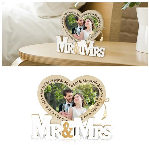 DARENYI Mr & Mrs Décoration Mariage avec Cœur Cadre Photo Cadeau Mariage Personnalisé Decoration Table Mariage pour Fête de Fiançailles, Mariage, Anniversaire, Saint Valentin (Style 3)