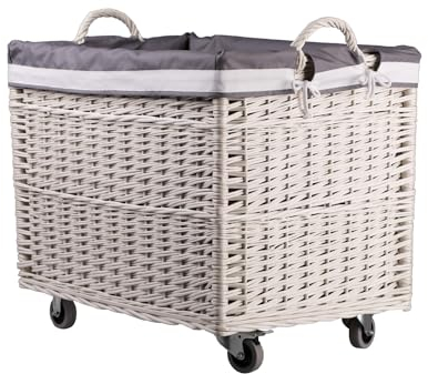 e-wicker24 Alles aus Weide Aufbewahrungskiste aus Weidengeflecht, cremeweiß, rechteckiger Wäschekorb aus Weide, mit Rollen und Futter, grauem Stoff