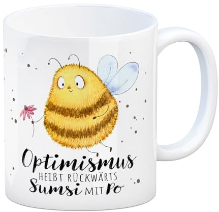 Pummel Biene Kaffeebecher mit Spruch Optimismus heißt rückwärts Sumsi mit Po eine bunte Tasse für die Arbeit Motiv Bienentasse Kaffeetasse Frauen Geburtstag lustige Blumenwiese