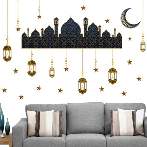 Leonshco Ramadan Aufkleber Wanddekoration, Eid Mubarak Aufkleber-Wandkunst-Dekoration, Muslimischer Moschee Ramadan Dekoration Sticker, Geeignet für Wohnzimmer/Schlafzimmer/Zuhause, Wandaufkleber (B)