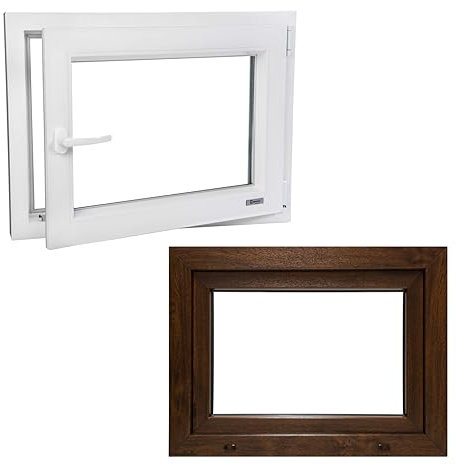 Finestra su VEKO di alta qualità, plastica, garage/cantina/capanna/casetta da giardino in PVC di alta qualità, inclinabile a 2 strati, per interni bianchi, esterni, noce, 105 x 55 cm, 1050 x 550 mm,
