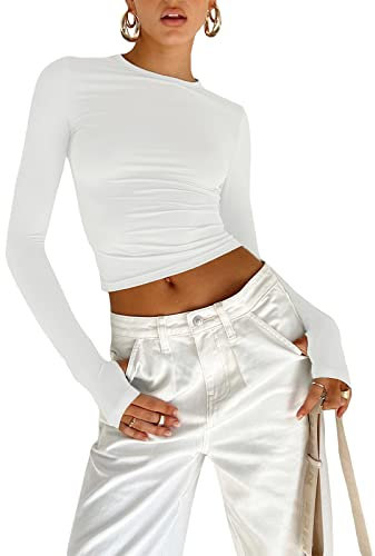 Yassiglia Basic Long Sleeve Tops Women Y2K Crop Top Women's Crew Neck Slim Fit Shirt Skims Dupe Casual Tight Baby Tees Girls Aesthetic Clothes (White with Thumb Holes, S)
