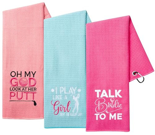 A1DIEE Asciugamano da golf assorbente in microfibra, 3 pezzi, da donna, rosa, con motivo ricamato, con moschettone, per borse, accessori regalo per mamme, mogli, golfisti