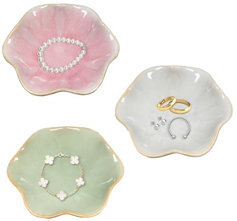 YoHyien 3 Piezas Bandeja Joyas de Cerámica, Bandeja para Joyas con Forma de Flor, Cuenco Decorativo Llaves, Bandeja para Anillos, Collares, Pulseras, Vaciabolsillos Recibidor (Rosa + Verde + Gris)