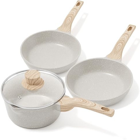 RIOVARM Antiaderente Padella, Induzione Set di padelle con coperchio, 18cm Casseruola Padella, 20cm e 24cm Padella con rivestimento in granito, Set di pentole senza PFOA, Padella per latte, Omelette