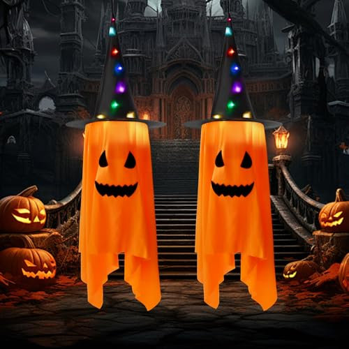 KAMEUN 2 Pack Pumpkin Ghost Witch Hat Cute Halloween Hanging Ghost Light Up With 2m LED Lights Outdoor Indoor Decorations for Garden Tree Door Window Yard (Orange)