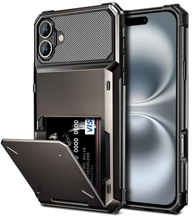 Vunake for iPhone 16 Case with Card Holder[Max 4 Cards] for iphone 16 Phone Case Heavy Duty Protective Cases Armor Shockproof Wallet Case for iPhone 16 Wallet Case-Gun