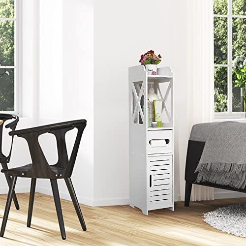 HUOLE Petit Meuble de Rangement pour Toilettes, Support Papier Toilette Armoire Toilettes Porte Brosse WC Meuble de Salle de Bain sur Pied en Bois, Armoire de Salle de Bain (15 * 15 * 80 cm ✩Blanc)