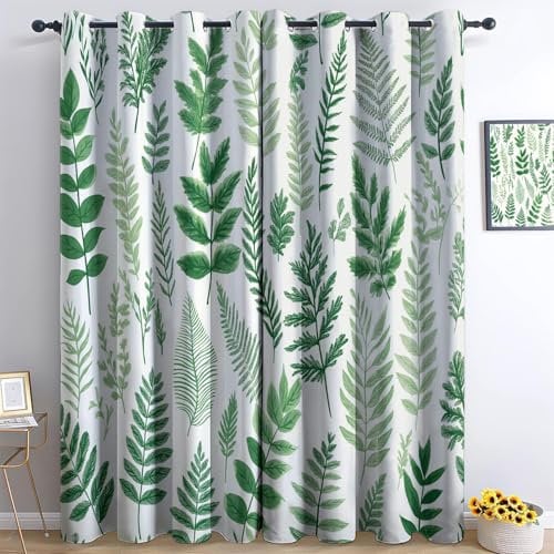 Blackout Curtain Plants Fern Leaves White Green W 46 x L 72 (2 Panels), Eyelet Thermal Insulated Noise Reduction Curtains, Print Pattern Curtain for Bedroom Living Room kitchen Home Decor