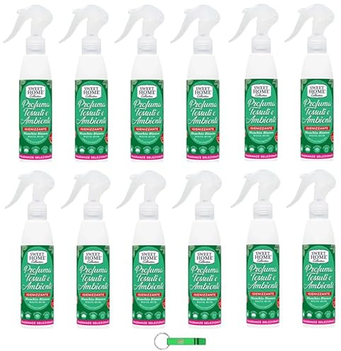 12x Sweet Home Profumatore Tessuti e Ambiente Weißer Moschus - Spray-Parfümiert für Stoffe und die Umwelt 250ml + Beni Culinari Kostenloser Schlüsselanhänger