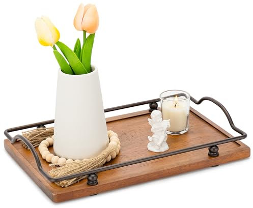 SUNNEKO Wood Serving Tray with Handles, Decorative Tray for Serving Food, Platter for Breakfast, Lunch, Dinner, Appetizers, Ottoman, Living Room, Coffee Table Kitchen Party Patio BBQ, 16 Lx9 W