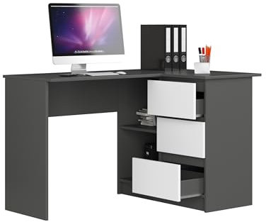 Eckschreibtisch Grau/weiß rechts, 3 Schubladen rechts und 2 Regale, viel Platz zum Entfalten. Perfekt für Jugendzimmer, Büros und Ateliers.