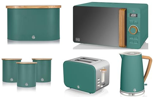 Swan Nordic Green 1.7L Jug Kettle, 2 Slice Toaster, 800W 20L Digital Microwave, Bread Bin & Canisters. Scandinavian Inspired Design Matching Kitchen Set of 7 in Pine Green