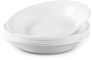 LaGlint 9.5 inch 24 cm Pasta Bowls Set of 6 1L(34 OZ) White Shallow Serving | Lightweight durable opal glass, large shallow bowl design, microwave & dishwasher safe, versatile soup salad dinner use