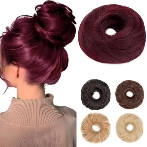 Benehair Haarteil Mit Gummiband Dutt Haarteil Haargummi Mit Haaren Synthetisch Haarverlängerung Haardutt Messy Bun für Damen Mädchen(Weinrot, 55g)