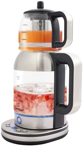 RjcdOPL Bouilloire Électrique Double 2L avec Théière en Verre 1L, Machine à Thé 2000 W, Infuseur Amovible, Écran LCD, Réglage Température 40–100 °C, Idéale Cuisine, Bureau, Camping