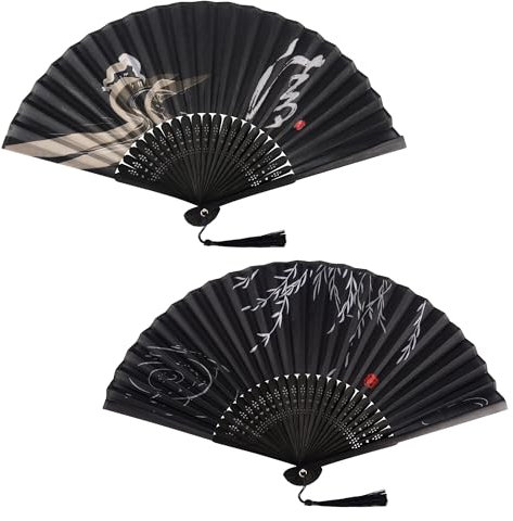 KEYIDO 2 Pcs Hand Fans for Women Folding Black Handheld Fan Chinese Fan Hand Held Fabric Japanese Manual Fans for Women Ladies Wall Decoration Wedding Dancing Cosplay