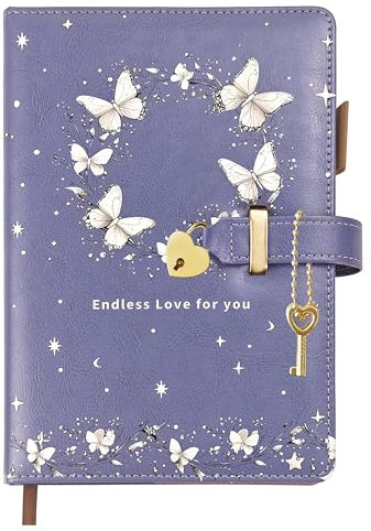 Qefuna Tagebuch mit Herzschloss & UV-Schmetterling – A5 Notizbuch für Mädchen, Erwachsene, 200 Seiten (100g/m²), 8mm Linien, Stifthalter, Lesezeichen – Geschenkidee in Lila