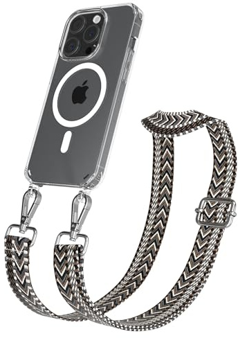 EAZY CASE Handykette - Verstellbares Taschenband kompatibel mit iPhone 15 Pro, Schulterriemen, Handykordel mit Silikon Hülle, Qi Charging kompatibel, Umhängetasche, Grau Schwarz Silber