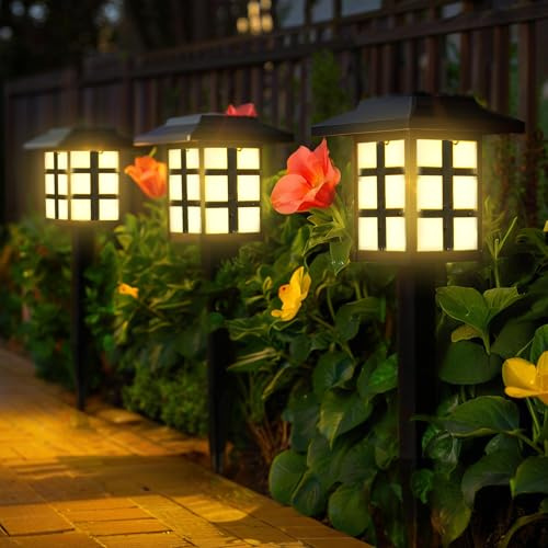 LQWELL Solarlampen für Außen Garten, 8 Stück Solar Gartenleuchten IP65 Wassserdicht, Retro Solarleuchten, Wegeleuchte Deko Warmweiß, Vertikale 37cm Höhe für Gras Terrasse Balkon Gehweg