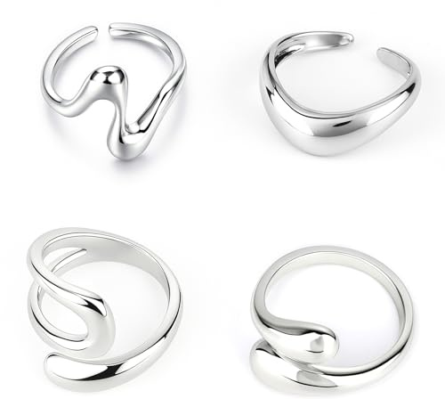 Mikovivi 4stk Set Klobiger Silberringe für Damen, Verstellbare Auffällige Legierung Stapelbare Statement-Ringe Trendige Breite Unregelmäßige Fingerringe für Modischen und Ästhetischen Schmuck