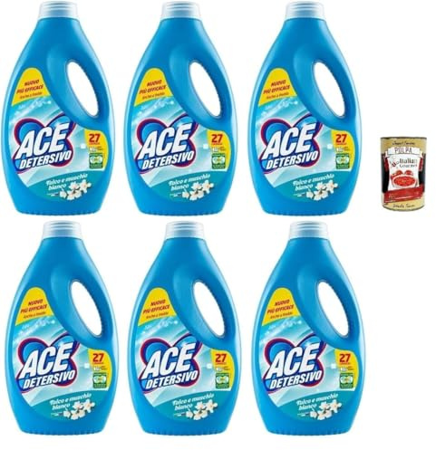 Italian Gourmet Detersivo Lavatrice muschio bianco Waschmittel 6 x 1350ml | Note talcate, wirksam gegen Flecken; adatto a capi quotidiani, fino a 27, Gesamtnettogewicht 8,1 L + Kostenlos Polpa 400g
