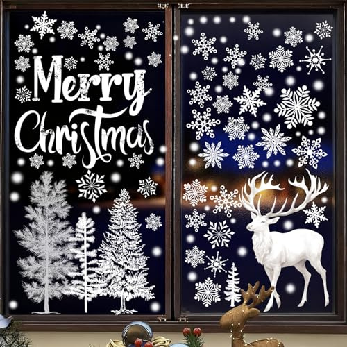 LOMIMOS 9 Stück Fensterbilder Weihnachten,Wiederverwendbare Statische Selbstklebende Schneeflocke Elch Fenstersticker als Deko Weihnachten