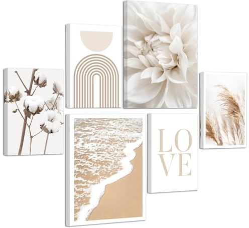 6 Sets Beige Liebe Blumen Schilf Leinwandbilder mit Rahmen ästhetisch Weiß Blumenmuster Pflanzen Küste Moderne Wandbilder Schlafzimmer Bild Auf Leinwand Kunstdruck Deko für Wohnzimmer 20X30X4+30X40X2