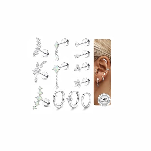 MILACOLATO 12Pcs Helix Piercing Jewellery Surgical Steel Flat Back Earrings Gold Silver Stud Ear Piercing Cartilage Helix Earrings Hoop Hypoallergenic Daith Rook Tragus Conch Piercing Jewellery-BS