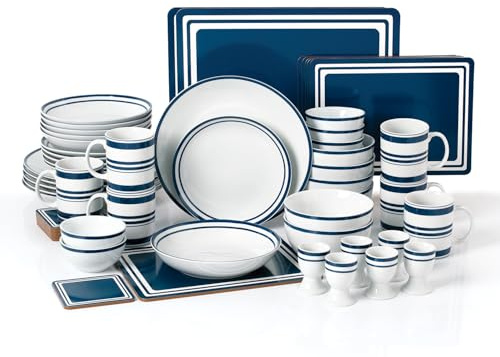 Waterside 56pc Blue Band Combination Tableware Set; Porcelain Dinner Plates, Side Plates, Soup Bowls, Deep Bowls, Mugs, Egg Cups & Snack Bowls & Placemats/Coasters