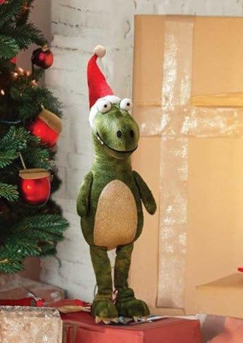 Marco Paul T Rex Dinosaur Christmas Decorations - 30cm Standing Festive Plush Dino Ornament with Santa Hat - Green Decorations For Xmas Home Decor, Novelty Xmas Gifts & Christmas Table Decoration