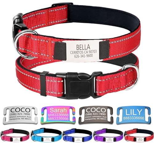 Collar de Nailon para Perro con Placa identificativa metálica,XS Rojo | Nombre y teléfono grabados personalizados; costuras reflectantes, regulable, nailon suave, adecuado para todos los perros
