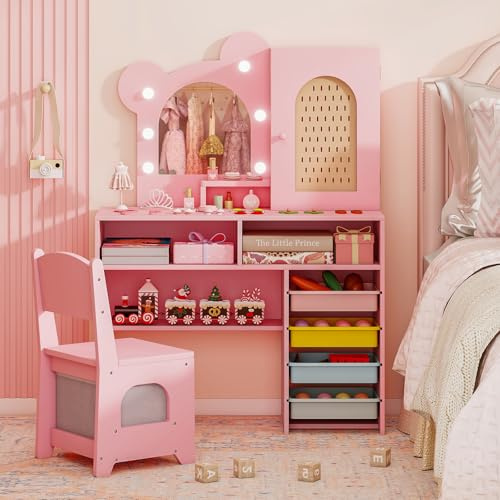 RELAX4LIFE Toeletta Trucco per Bambini con Luci, 3 Colori e Luminosità Regolabile, Set di Tavolo e Sedia on 5 Cassetti e 2 Scomparti, Postazione Trucco per Bambini 3+ Anni (Rosa)
