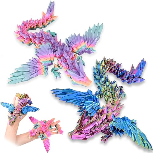 LOCYFENS 2 Pack 3D Printed Dragon with Wings Flying Dragon, Articulated 3D Dragon Toys, 3D Printed Crystal Wing Dragon Without Dragon Egg, Rainbow Colorful Color Change