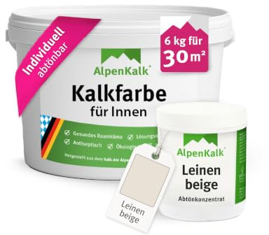 AlpenKalk Leinen-Beige Kalkfarbe für Innenräume I 6 kg inkl. 1 Dose Pigmente für ca. 30m² I Atmungsaktiv & Anti-Schimmel Formel für ein natürliches Raumklima I Für Allergiker & Kinder