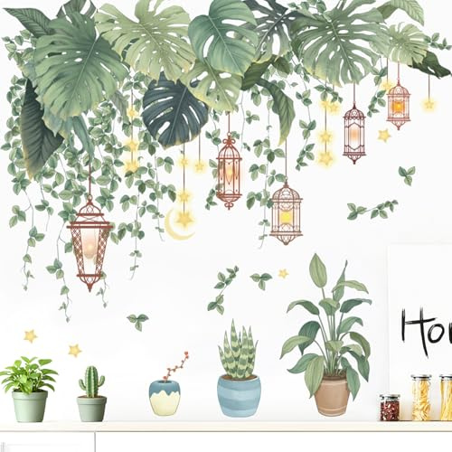 TaoQ C Green Tropical Leaves Wall Stickers Large Tropical Leaves Wall Decals Green Palm Leaf Wall Stickers with Hanging Vine Leaf Lantern for Bedroom Living Room Bathroom Decoration