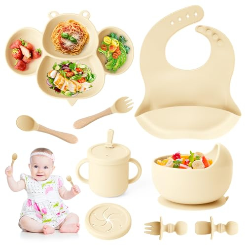 Set Repas Bébé,Beige,Silicone Antidérapant avec Ventouse, 8 pièces : Assiette Bebe Ventouse, Assiette pour Enfant avec Ventouse, Gobelet en Silicone, Cuillère, Fourchette, Bavoir, Gobelet