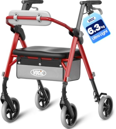 VOCIC Z12 Rollator faltbar leicht mit Sitz, 6,3kg Ultraleicht für Senioren | Rollator klappbar, Max 150 kg, Ergonomischer Sitz, höhenverstellbar, Walker schmal für wohnung & Reise,Knallrot