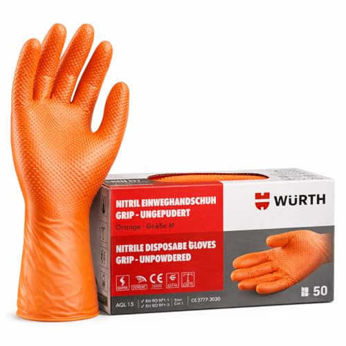 Wuerth Wurth Guantes de Nitrilo, Textura Diamantada, Color Naranja, Resistentes a Químicos, Talla XL