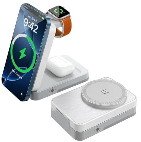 Für Apple 3-in-1 Drahtlose Ladestation, Tragbares Induktionsladegerät für iPhone 16/15/14/13/12 Serien, Kompatibel mit AirPods Pro, Weiß