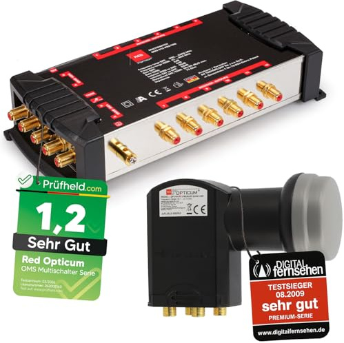 RED OPTICUM 5/12 Multischalter Set mit Quattro LNB - SAT Verteiler für 12Teilnehmer / 1 Satelliten kompatibel Digital Multiswitch Matrix für HD 4K Sat Anlagen TV (Test = SEHR GUT)