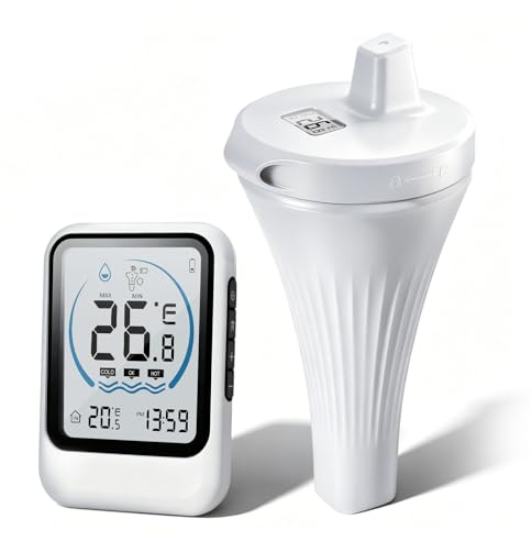 Pool Thermometer Digital Funk mit IP68 Wasserdicht, 60M Reichweite Funk Poolthermometer Set für Schwimmbad, Whirlpool und Teich, Schwimmendes Wasserthermometer mit LCD Basisstation, Weiß