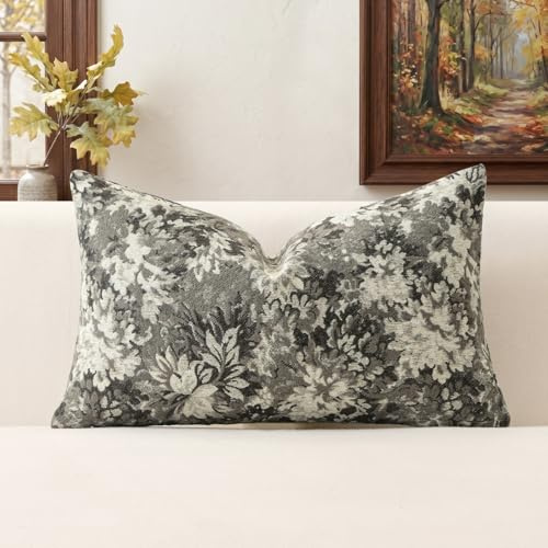 Artscope 1er Set Vintage-Design Blumen Kissenbezug 40x60cm, Weicher Chenille Kissenhülle Zierkissenbezug Sofakissen Dekokissen für Sofa Schlafzimmer Wohnzimmer, Grau Braun
