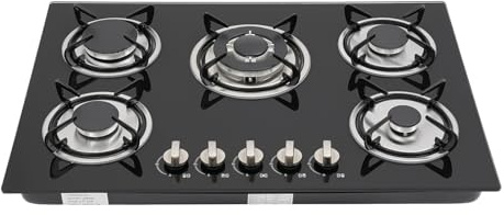 77 cm, 5 fuegos de vitrocerámica, cocina de gas con superficie de cristal y fusible de termopar automático, superficie de cristal negro, apta para gas natural o GLP