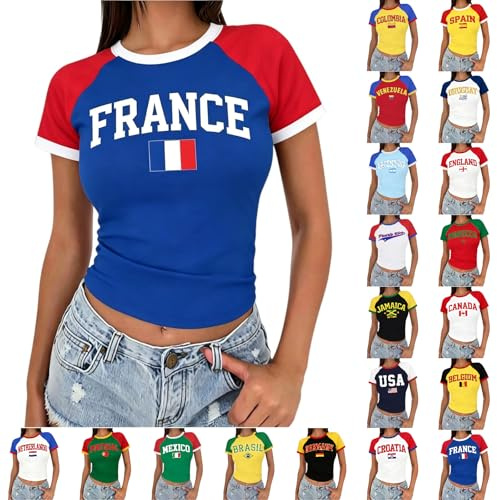 Maillot Shorty Femme Coupe du Monde T-Shirt Fan Football Tee Shirt Maillot de Foot Coupe du Monde 2026 Tops Femme D'éTé Cadeaux ModéLe Equipe Dérivés Vetement