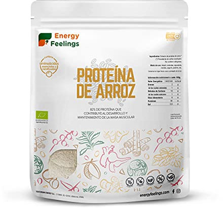 Energy Feelings Protéine Végétale de Riz 1kg 80%, Vegan Protein Powder, Protéine pour Maigrir, Grossit et Musculation en Poudre, Sans Sucre et Sans Lactose