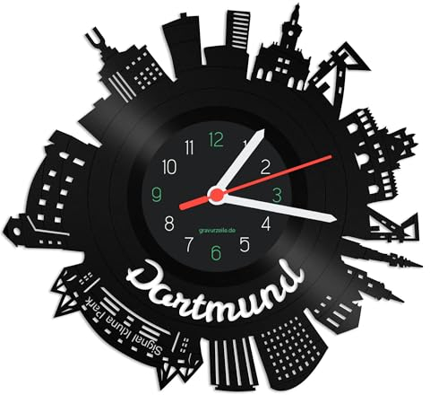 GRAVURZEILE Schallplattenuhr - Skyline Dortmund 2017 - Wanduhr aus gegossenem Vinyl mit Stadt Skyline - 30 cm - Upcycling Designer Uhr - Moderne Wanduhr im Retro Vintage Style - Made in Germany